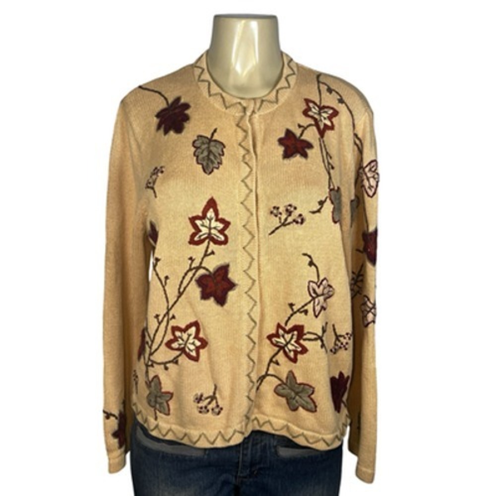 Vintage Stitches In Time Cardigan Womens Medium Beige Fall Leaves‎ Embroidered